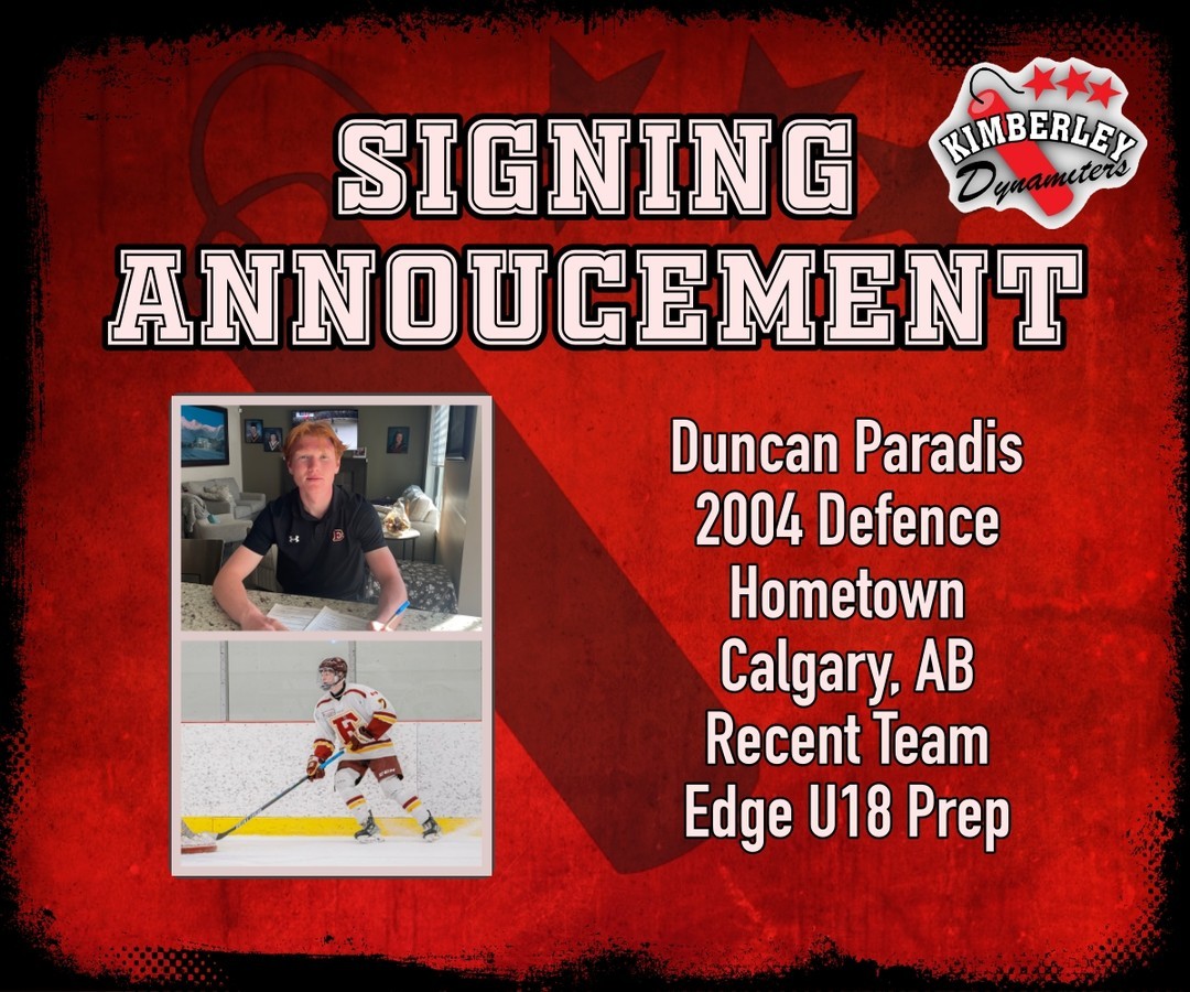 PLAYER SIGNING ANNOUNCEMENT: 
Dynamiters are happy to announce the signing of Duncan Paradis ’04 D. Congratulations Duncan, welcome to the team!
🧨💥KABOOM!!!💥🧨 
#NitroNation #KIJHL @KIJHL