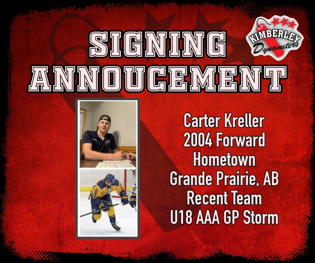 PLAYER SIGNING ANNOUNCEMENT: 
Dynamiters are happy to announce the signing of Carter Kreller, 2004 F from Grande Prairie, AB. Congratulations Carter, welcome to the team!
🧨💥KABOOM!!!💥🧨 
#NitroNation #KIJHL @KIJHL