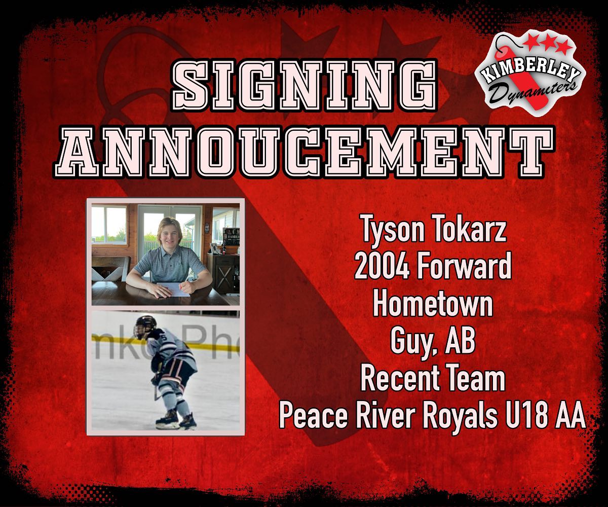 PLAYER SIGNING ANNOUNCEMENT: 
Dynamiters are happy to announce the signing of Tyson Tokarz, 2004 F from Guy AB. Congratulations Tyson, welcome to the team!
🧨💥KABOOM!!!💥🧨 
#NitroNation #KIJHL @kijhlhockey