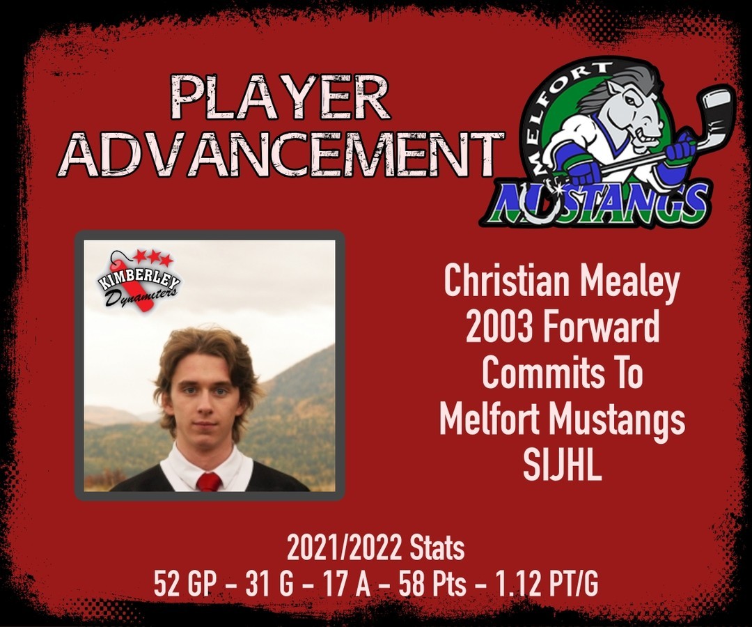 PLAYER ADVANCEMENT:
Congratulations to Christian Mealey who has committed to the Melfort Mustangs of the SIJHL for the 2022/2023 Season. Thank you for your time with our team and best of luck!
🧨💥KABOOM!!!💥🧨 
#NitroNation #KIJHL @kijhlhockey