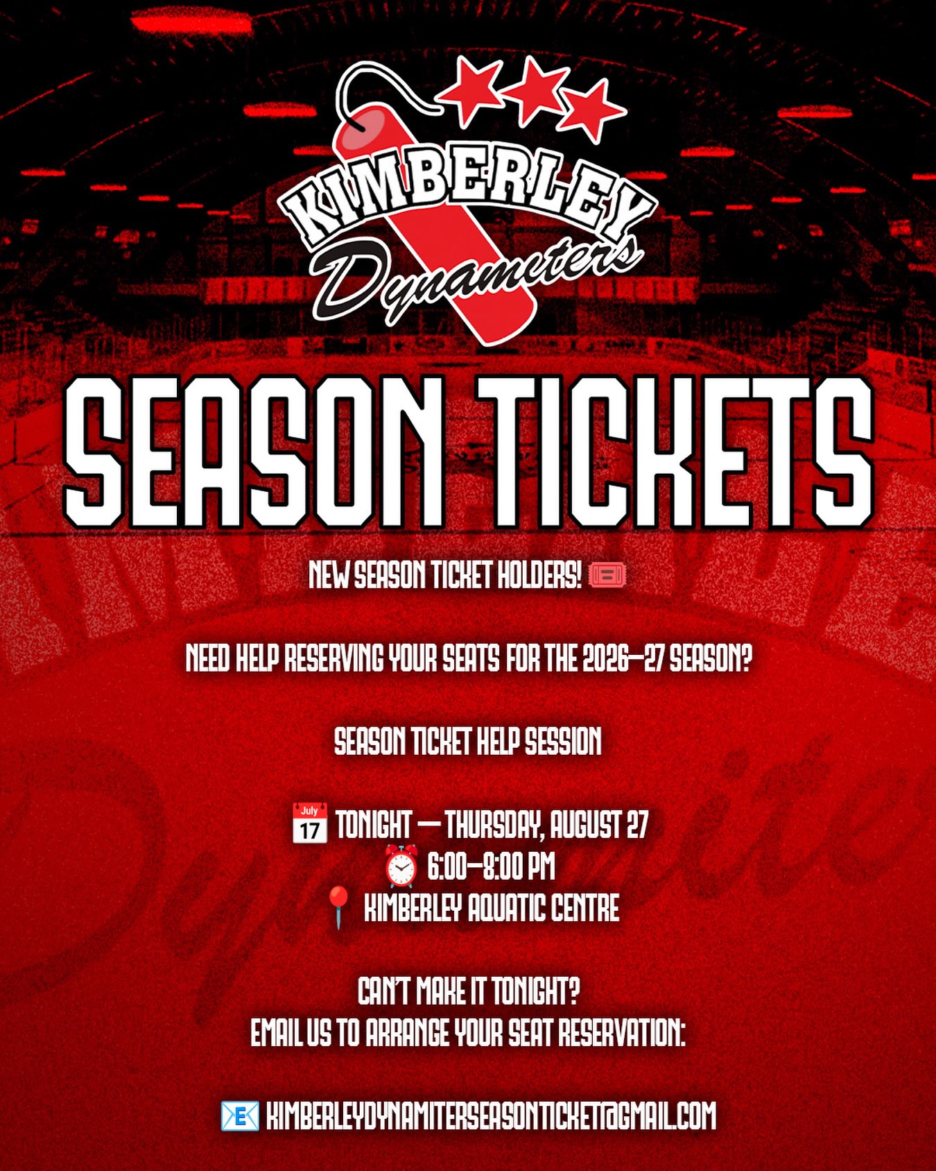 🎟️ NEW SEASON TICKET HOLDERS — WE’RE HERE TO HELP!

Looking to reserve your seats for the 2026–27 season? Join us TONIGHT, Thursday, August 27 from 6:00–8:00 PM at the Kimberley Aquatic Centre for our Season Ticket Help Session!

Team staff will be available to help with Showpass and selecting your seats.

Can’t make it tonight? Email kimberleydynamiterseasonticket@gmail.com to arrange your seat reservation. 🏒🔥